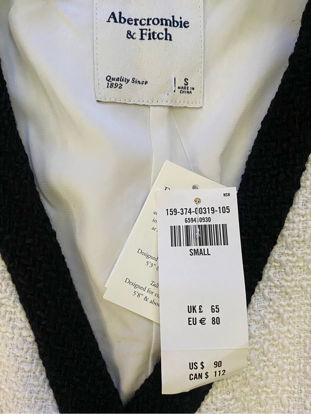 Abercrombie & Fitch Mara Tweed Cream Mini Dress with Black Trim - Picture 2 of 9